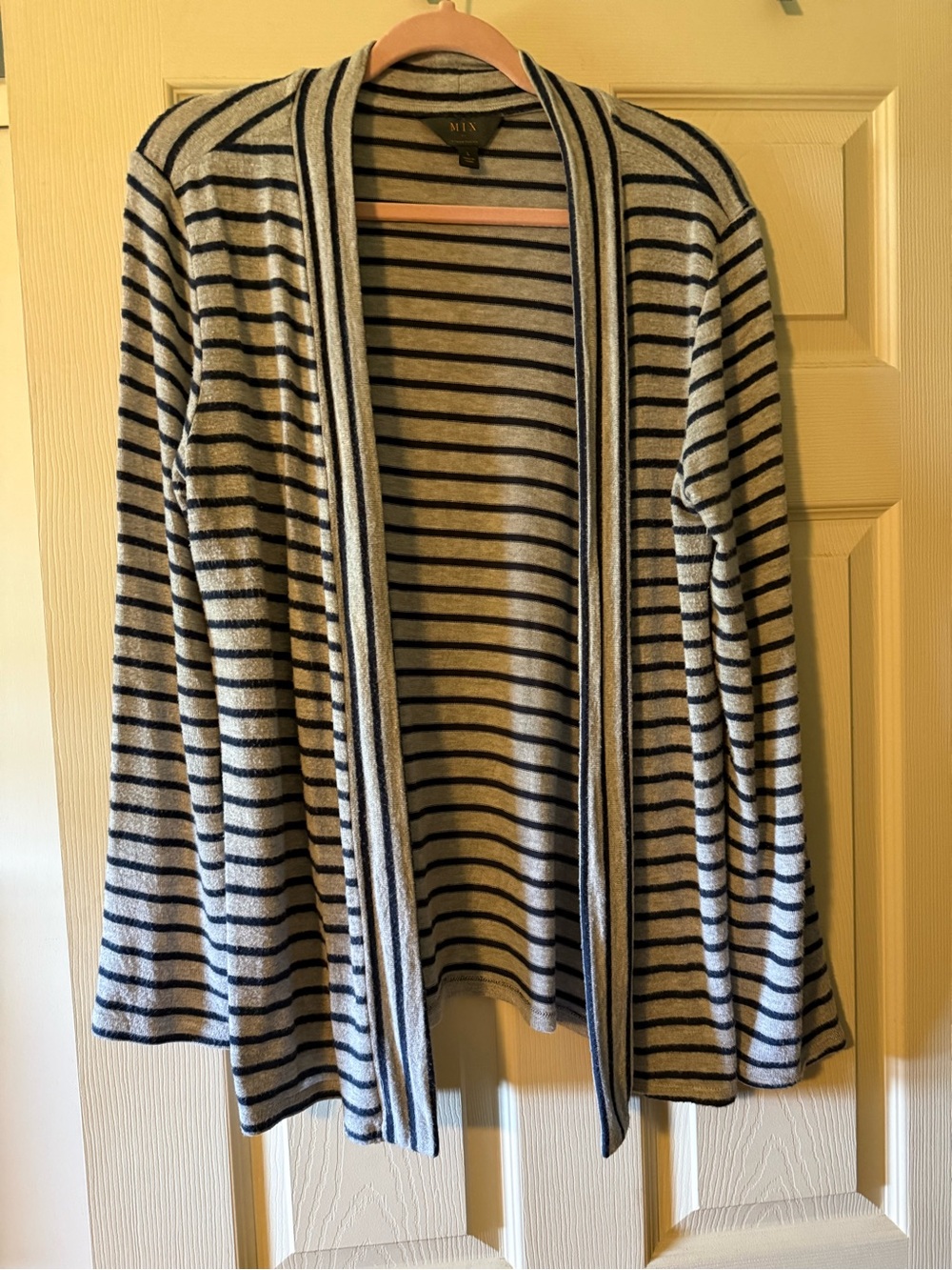 MIX by 41 Hawthorn | Gray & Navy Striped Open Front Soft Knit Cardigan | Large